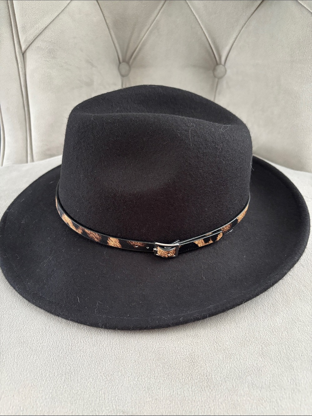 Ann Taylor Black Fedora with Leopard-Print Band